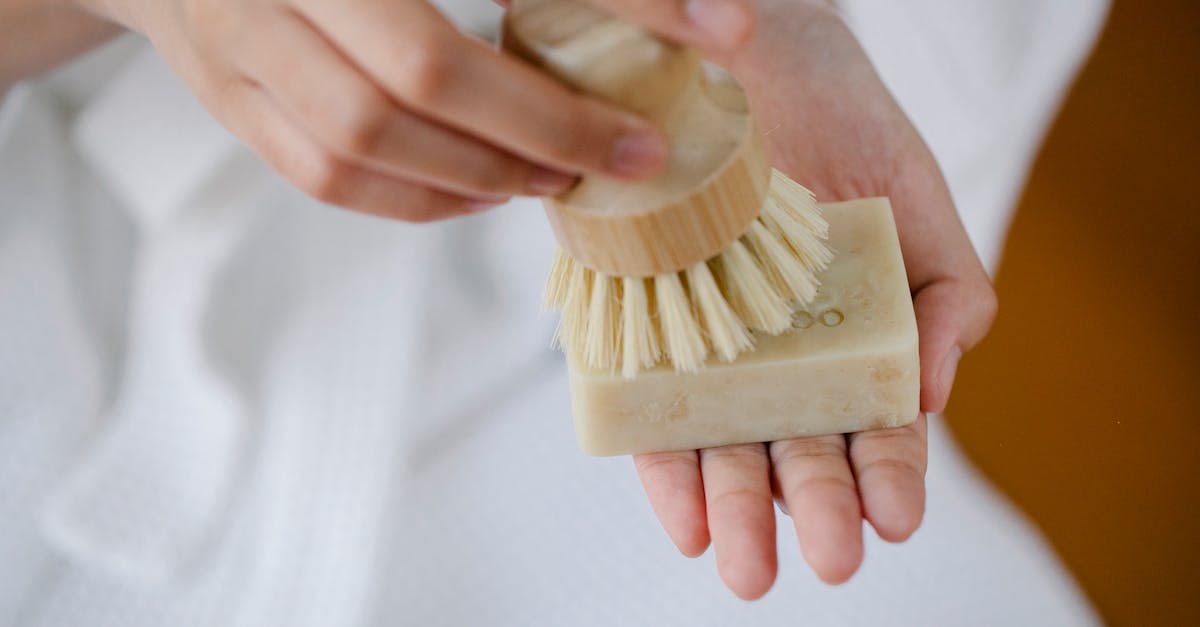 Crop unrecognizable female with eco friendly brush and soap block preparing for skin care on blurred background